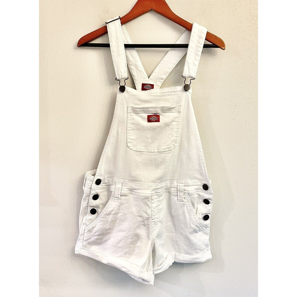 Dickies Juniors Size Large White Rolled-Cuff Shortalls Mid Rise Comfort